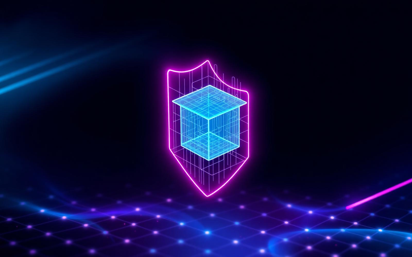 Neon holographic shield protecting a data cube